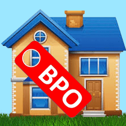 Blue roofed house with tag