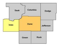 Iowa County highlighted in map of collar counties