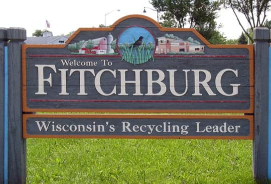Fitchburg-Sign Fitchburg city welcome sign on a summer day in Wisconsin